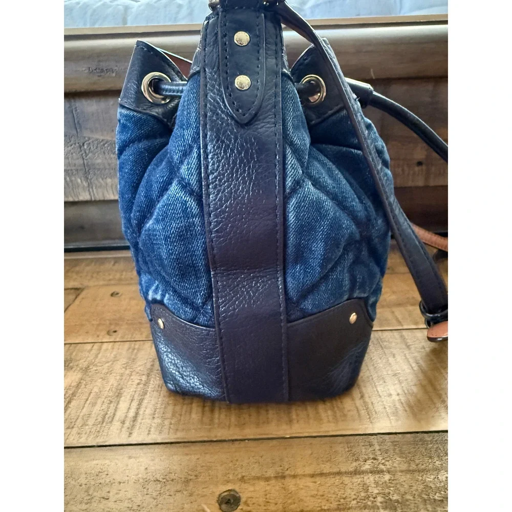 Coach Bucket Bag Womens Small Blue Quilted Denim Leather Drawstring Crossbody